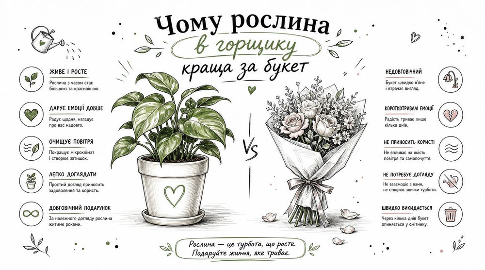 Інфографіка порівнює переваги кімнатних рослин у горщиках з недоліками зрізаних квіткових букетів для довготривалого подарунка.