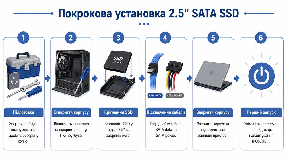 Інфографіка з покроковою інструкцією встановлення 2.5-дюймового SATA SSD накопичувача в корпус персонального комп'ютера або ноутбука.