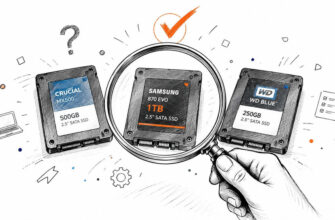 Рука тримає лупу над SSD-накопичувачем Samsung 870 EVO поруч із дисками Crucial та WD Blue.