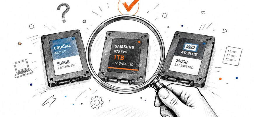 Рука тримає лупу над SSD-накопичувачем Samsung 870 EVO поруч із дисками Crucial та WD Blue.
